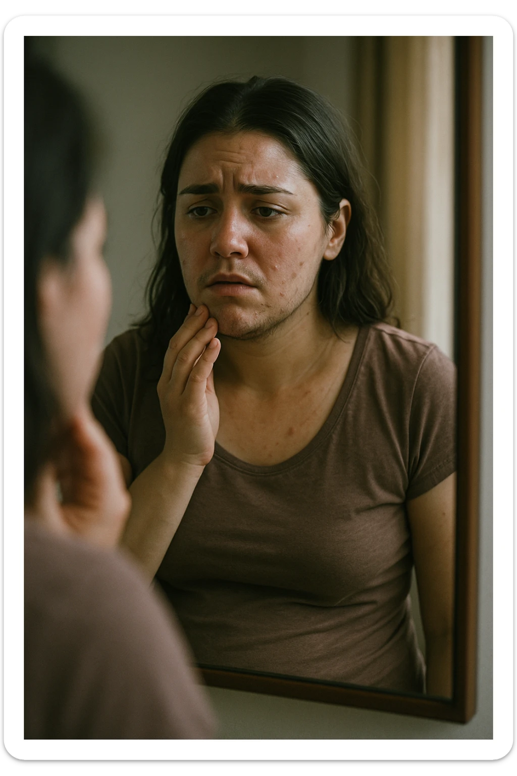 A realistic, cinematic portrait of a young woman in her late 20s standing in front of a mirror, visibly concerned while touching her chin and jawline where small dark facial hairs are noticeable, indicating hirsutism. Her skin appears oily, with a few cystic acne spots on her cheeks and jaw, and her dark hair is slightly greasy, indicating increased sebum production due to androgen excess. Her body shows mild abdominal bloating, and she looks at herself with a mix of frustration and sadness, capturing the emotional struggle linked to PCOS. The scene is set in a softly lit bedroom or bathroom with neutral daylight, with a clear mirror reflection to emphasize self-observation and discomfort. Style: realistic 35mm cinematic look, soft focus on her face and hair details, warm tones to keep it human and relatable sticker