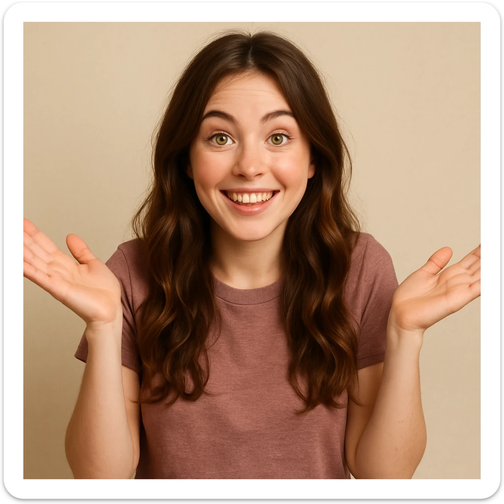 girl with long brown wavy hair, green eyes, shrugging, cheerful expression, upper body, simple background sticker
