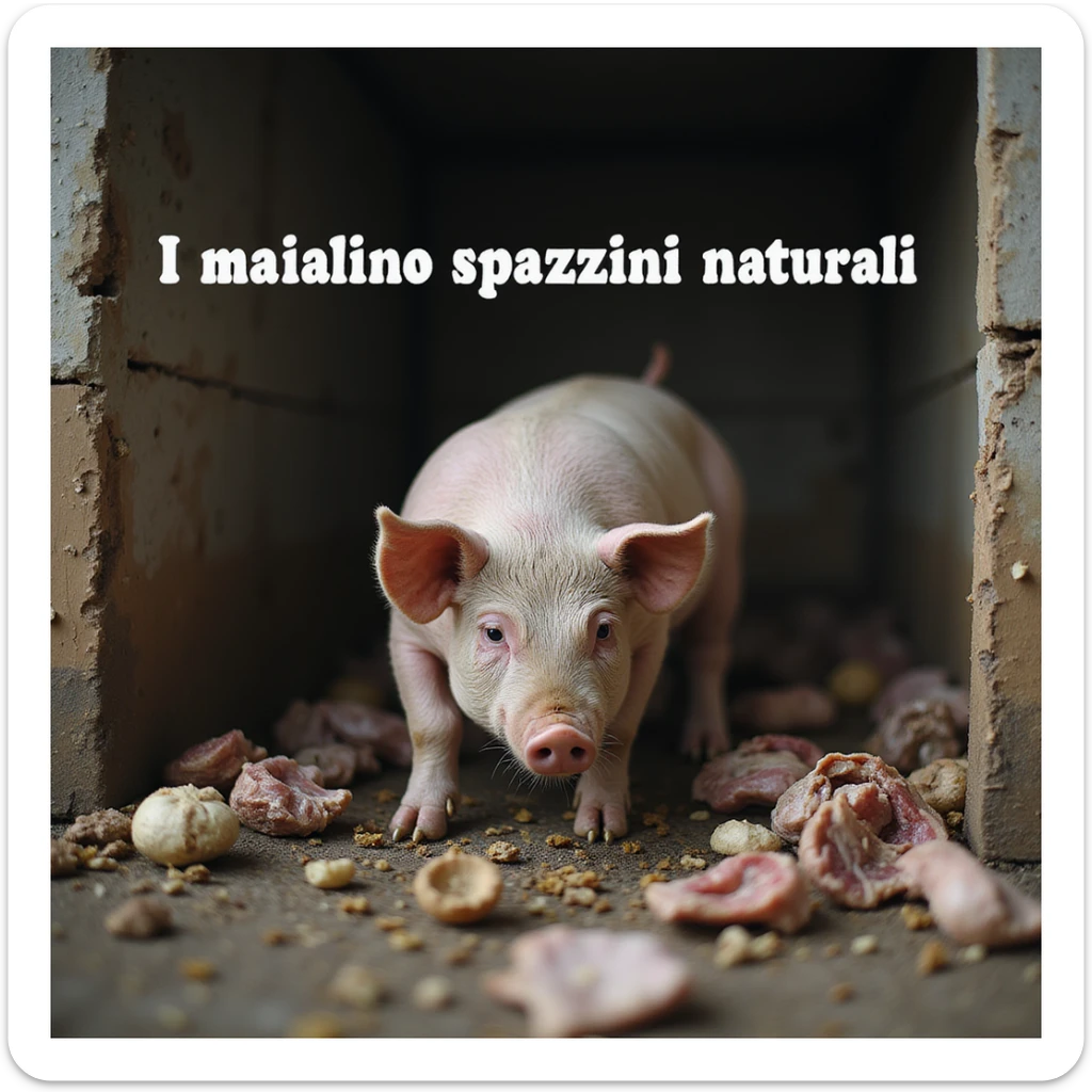 symbolic scene of a pig in a dirty pen, surrounded by leftovers, waste and feces, with Italian text 'I maiali sono spazzini naturali', 4K quality sticker