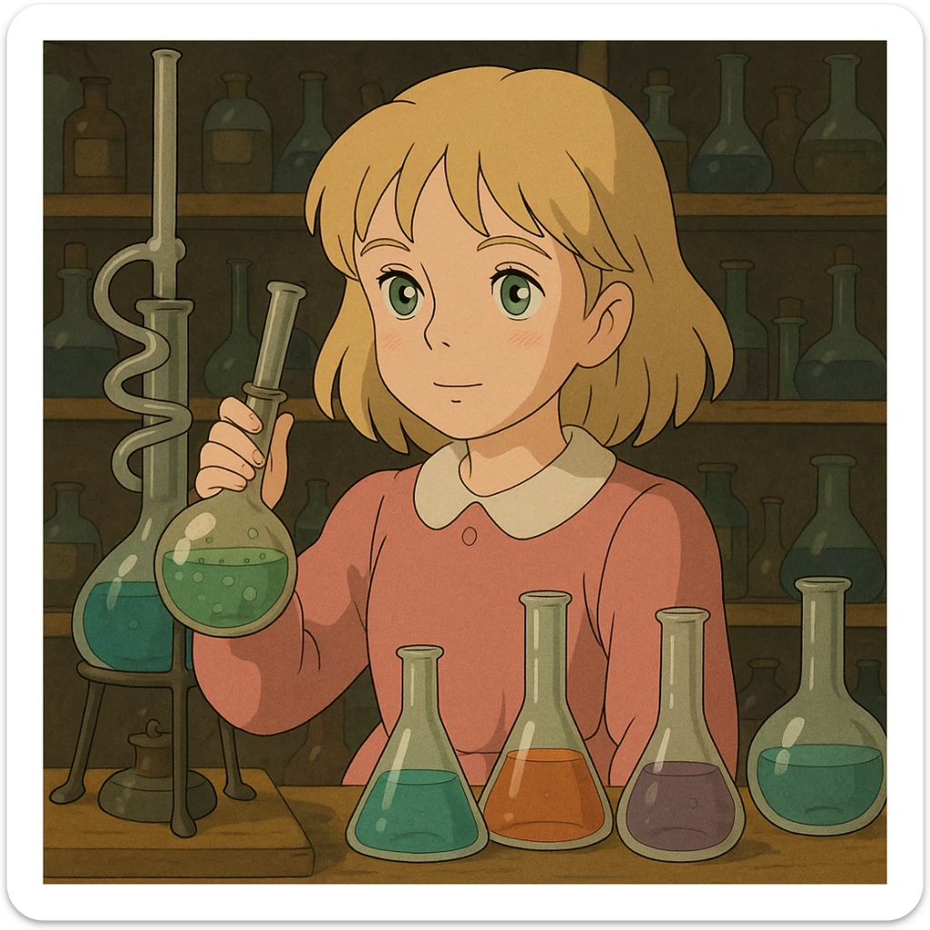 blonde girl with green-grey eyes, in pink clothes, surrounded by chemistry equipment, chemist style sticker