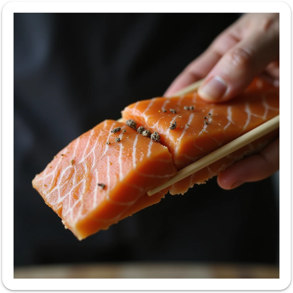 man holding a slice of raw salmon with chopsticks, the fish meat showing parasites inside, realistic 4K style sticker