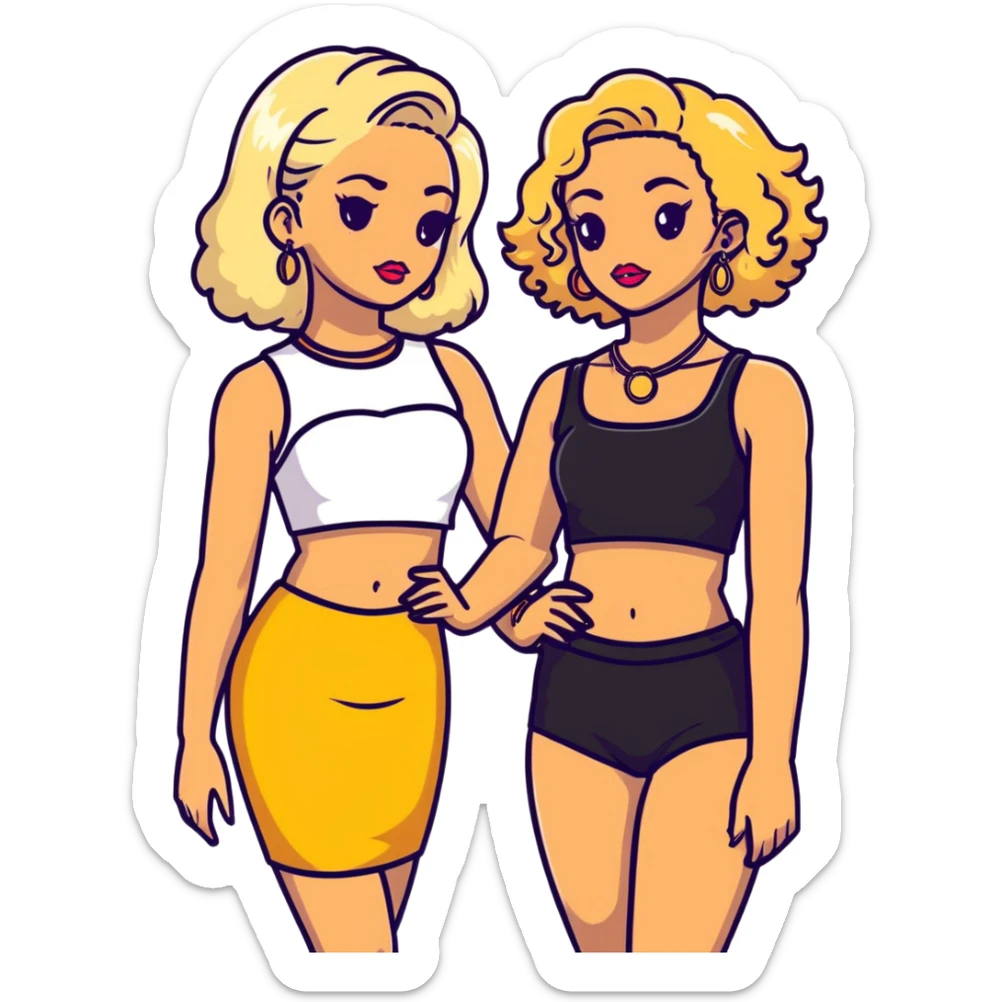 Full body of two teenage girls standing together, one white with straight blonde hair and one brown-skinned with curly black hair, both with heavy makeup, big lips, crop tops, gold jewelry and flashy choni style outfits sticker
