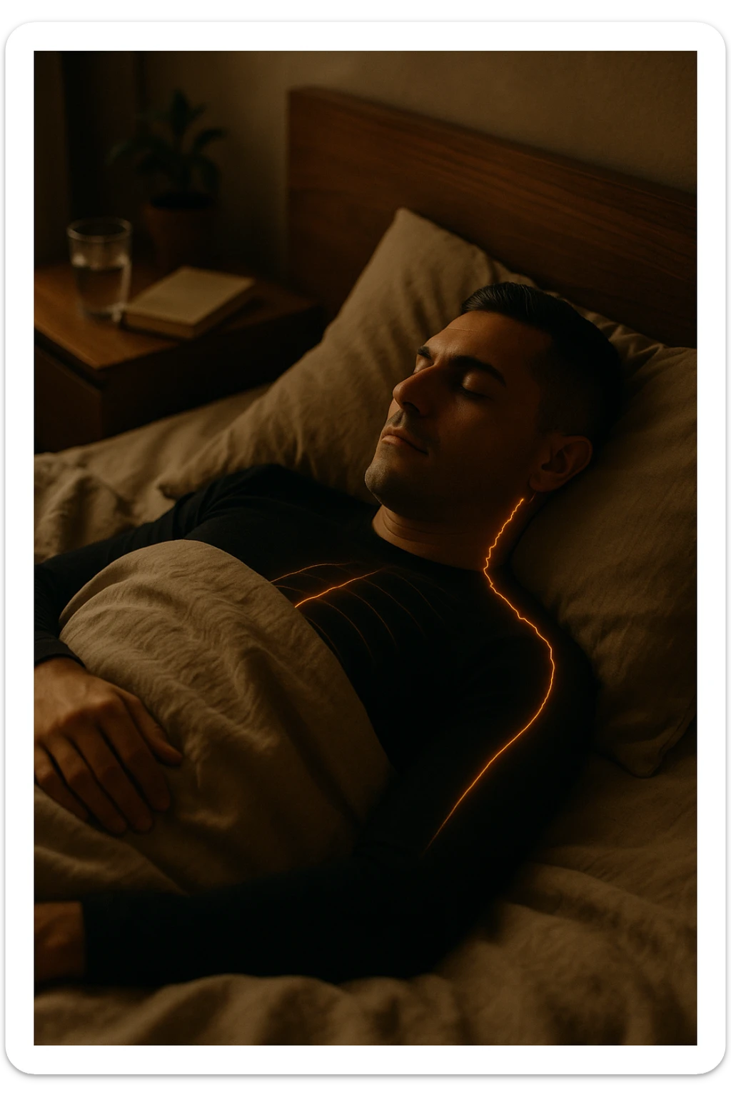 A cinematic close-up of a man in his early 30s sleeping peacefully on his back in a softly lit bedroom. His breathing is calm, chest rising slowly. The sheets are slightly crumpled, natural linen textures in warm beige tones. His face is relaxed, with faint light illuminating the side of his cheek and temple from a nearby window. Around his body, faint glowing lines follow the spine and head, symbolizing deep nervous system recovery and hormonal balance. On the nightstand: a glass of water, a book, and no electronics. The room is quiet and grounded, with natural elements like a small plant and a wooden headboard. Shot in 35mm cinematic style, with warm ambient tones, shallow depth of field, and a peaceful, healing atmosphere sticker