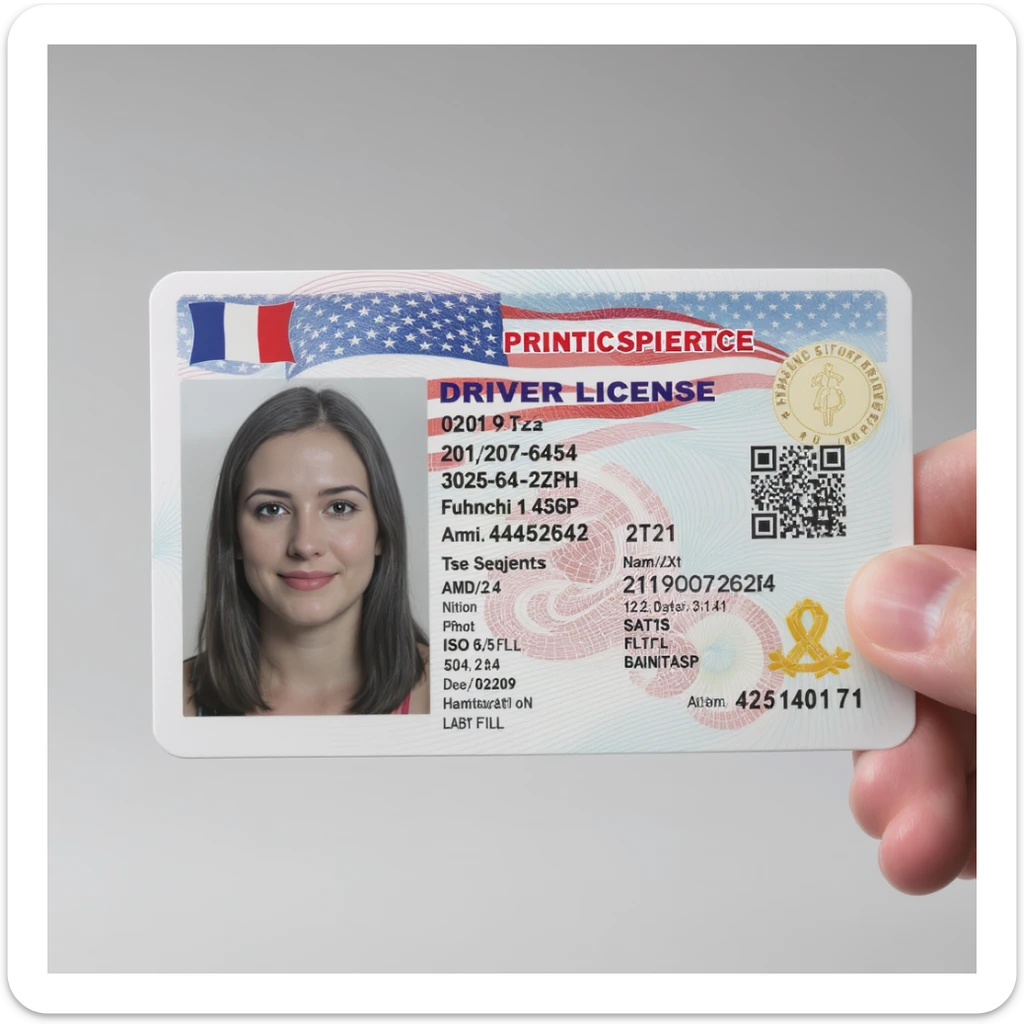 A realistic driver's license with a photo, text, and holograms. sticker