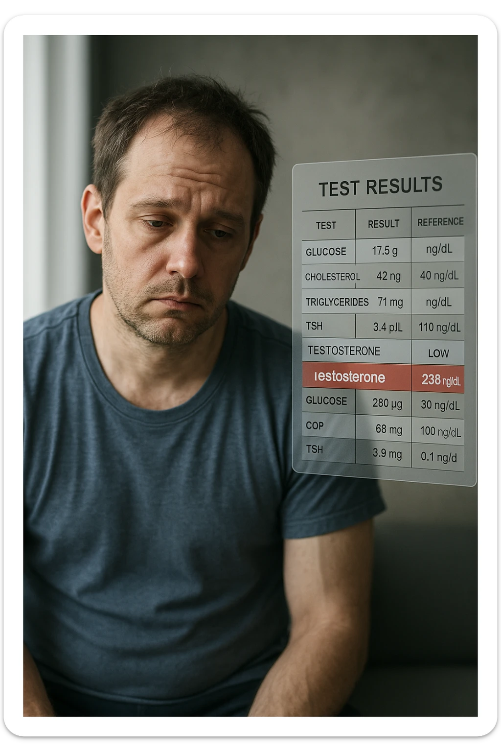 Un uomo caucasico di 35-45 anni, in CGI fotorealistico, che mostra i segni fisici ed emotivi di un basso livello di testosterone. aggiungere un referto medico semi-trasparente fluttuante accanto a lui, con valori di testosterone evidenziati in rosso. sticker
