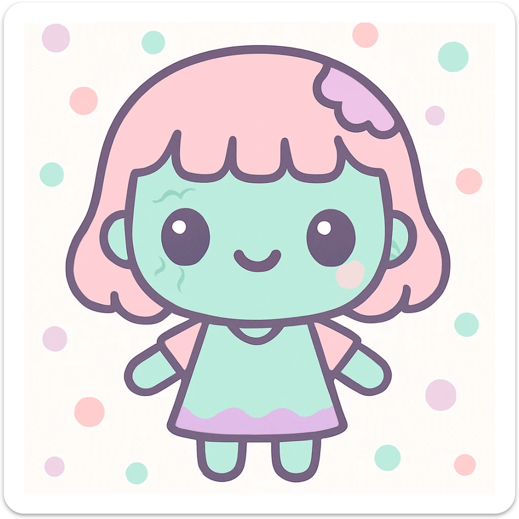 garota zumbi com franja, estilo kawaii, expressão fofa, detalhes de zumbi sticker