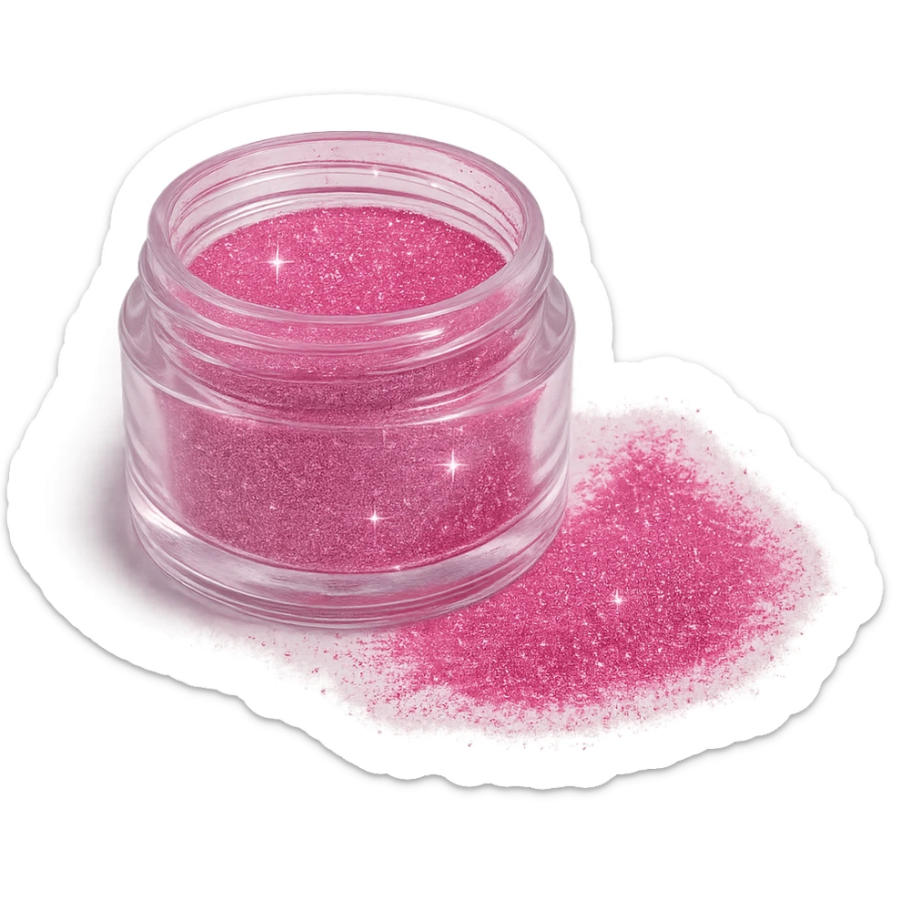 open jar of pink glittery powder, some powder spilled, sparkles, cosmetic product, no background sticker