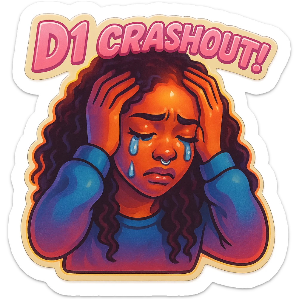 Crying Holding head 
add the wordsD1 Crashout!  in pink  sticker