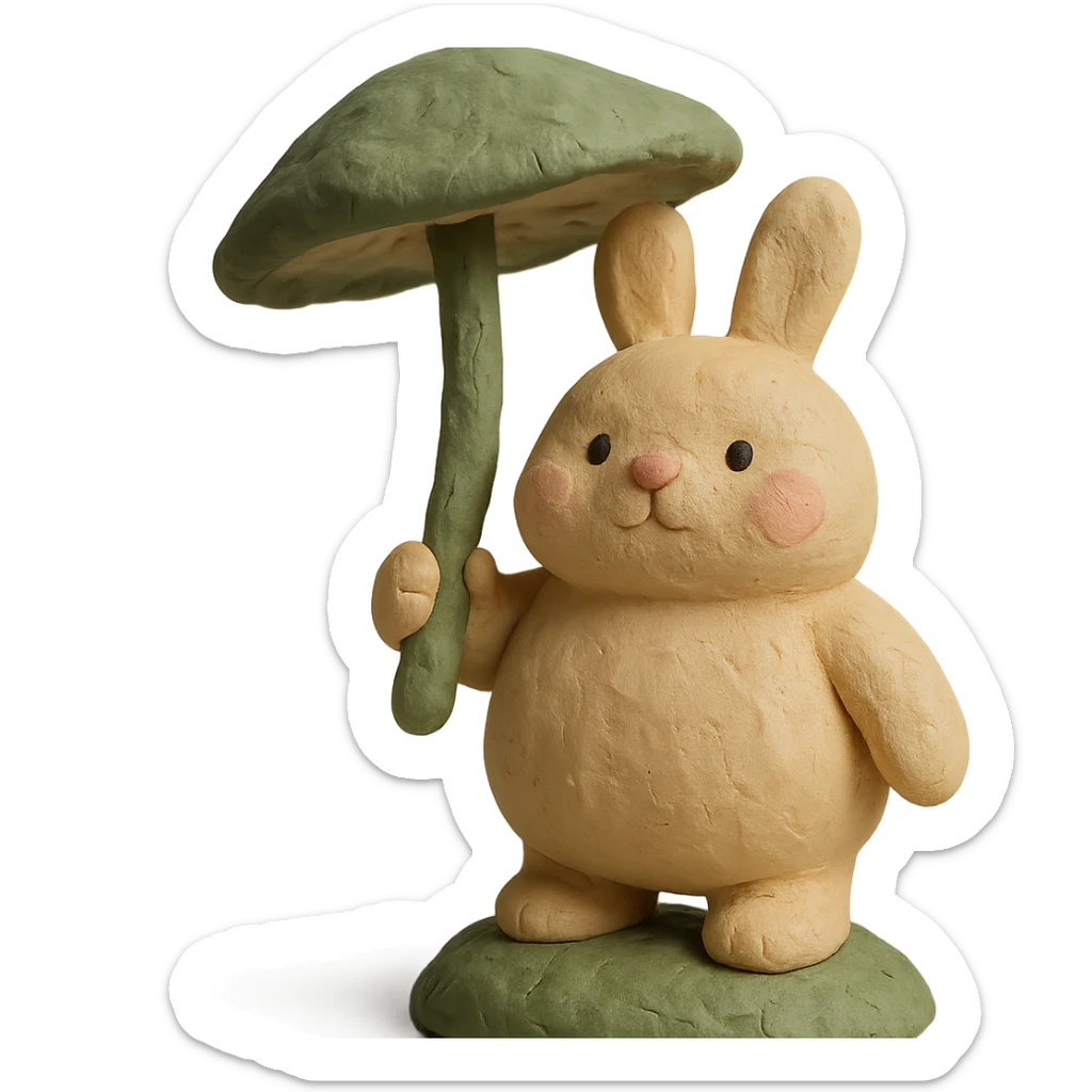 chubby bunny holding a mushroom umbrella, pastel beige and moss green, claymation style sticker