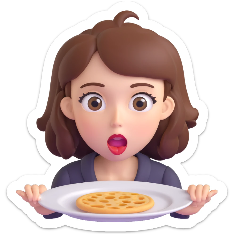 hungry woman with big eyes, open mouth, and empty plate in front of her sticker