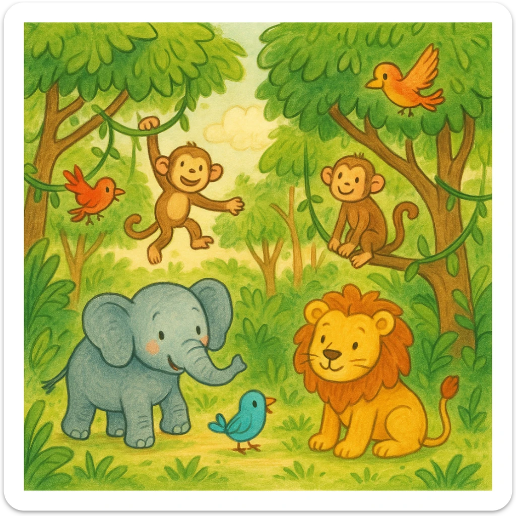 hand drawn digital illustration of jungle safari in the style of children's illustration sticker