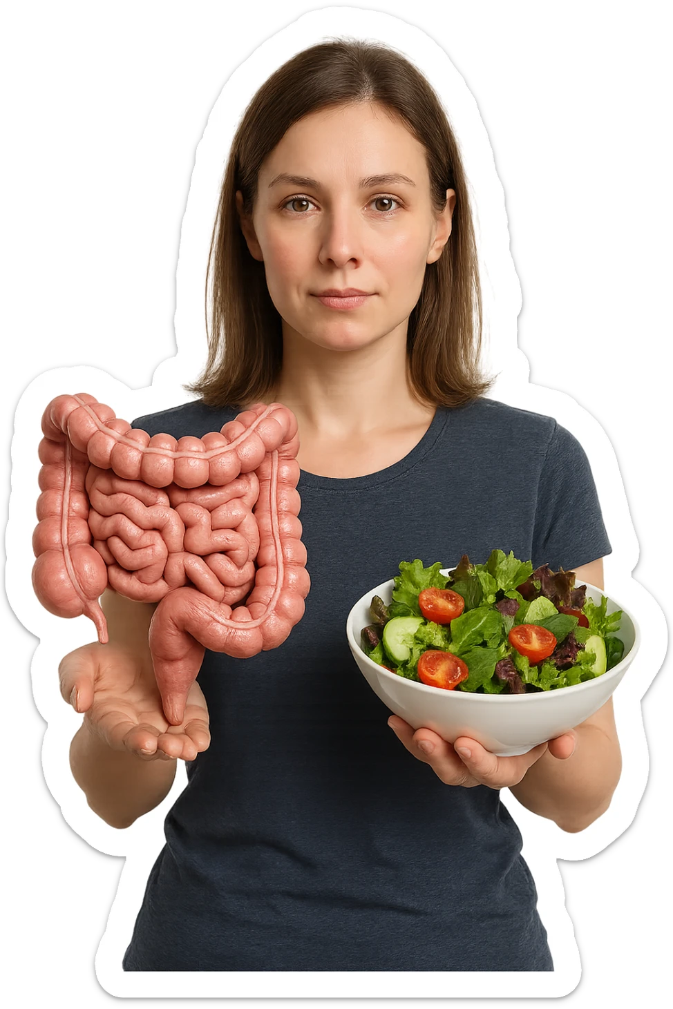 DONNA CON INTESTINO UMANO ANATOMICO CON INSALATA IN MANO, iperrealistico 4k, SFONDO BIANCO sticker