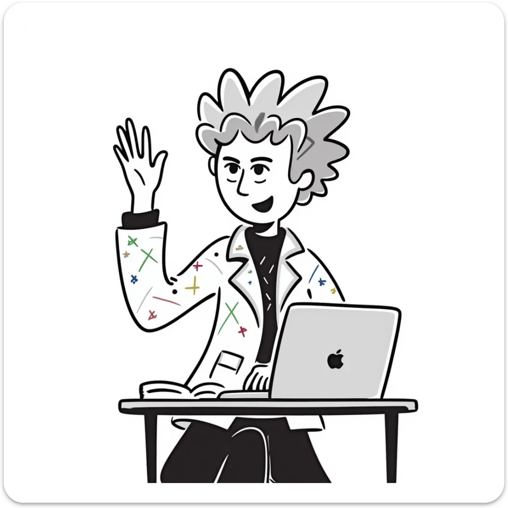 Edgy female rock musician with colorful tattoo sleeve, undercut hairstyle with vibrant dyed hair, wearing leather jacket, sitting at classroom desk with laptop, hand raised enthusiastically sticker