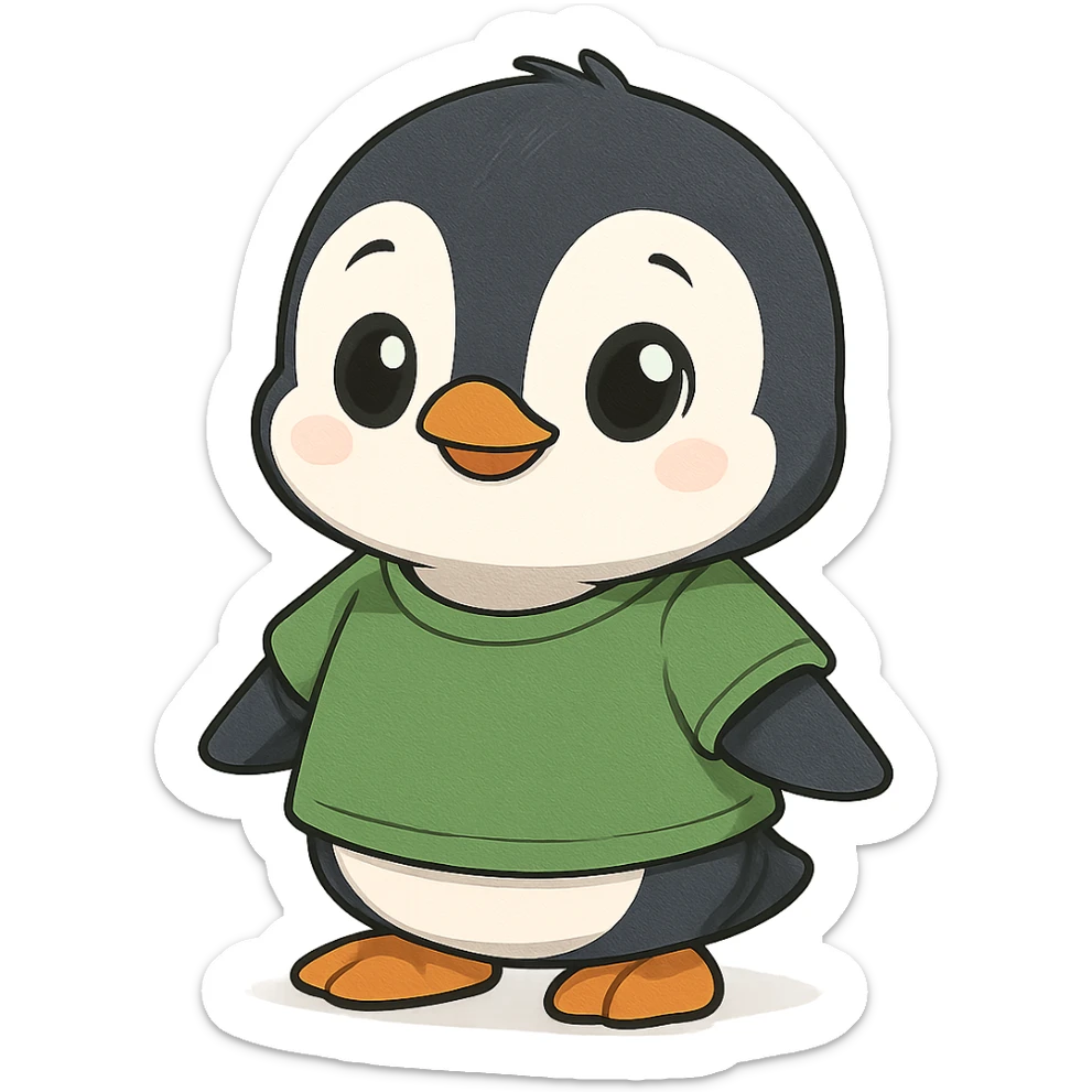 very cute penguin wearing a green t-shirt, cartoon style sticker