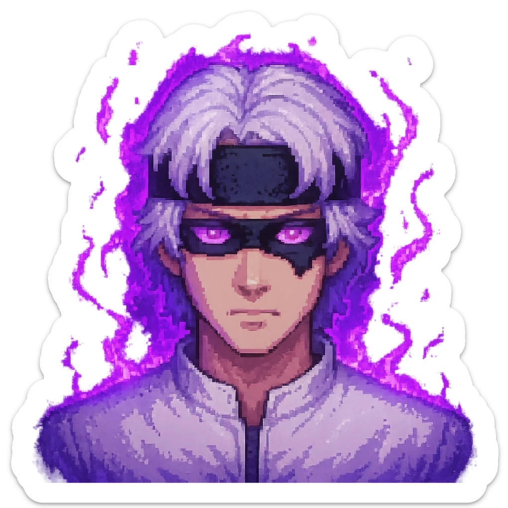 Add glowing purple energy effects to Gojo Satoru in pixel art style, maintaining the transparent background. The glow should be bright and magical, emphasizing the character's power with purple light. sticker