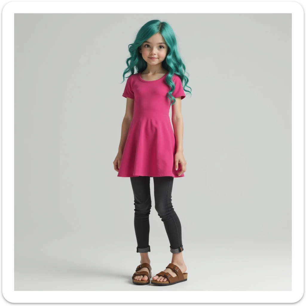 a realistic girl with teal hair, wearing a hot pink dress, black jeans, and brown birkenstocks, standing, photorealistic, casual pose sticker