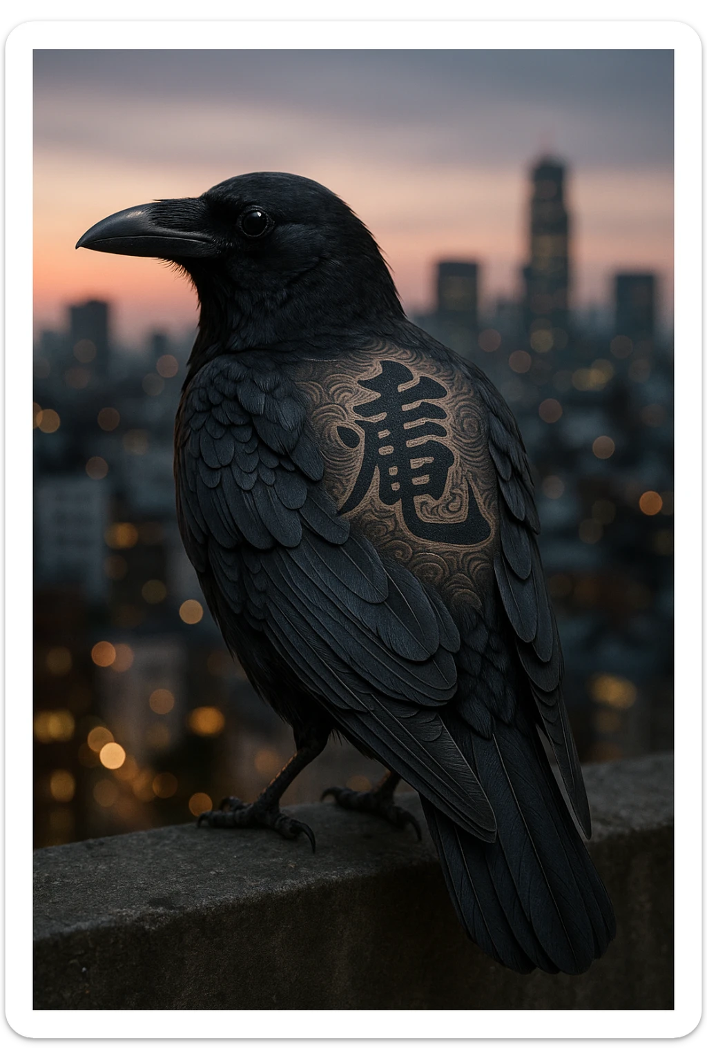 A crow showing off yakuza kanji on its back, with subtle ink details and a cityscape in the background sticker