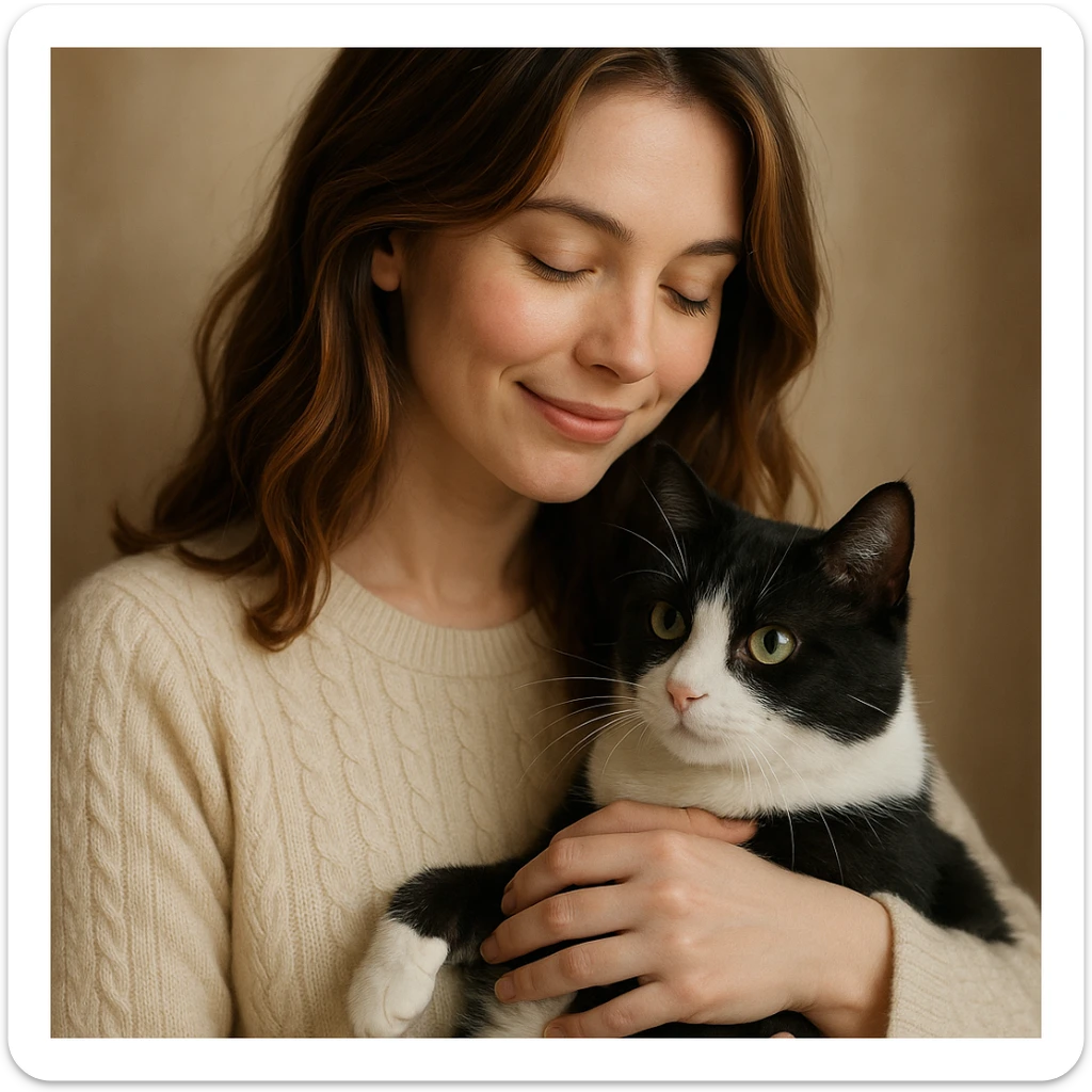 a woman with highlighted brown hair in a cream sweater holding a black and white cat, gentle and sweet atmosphere sticker