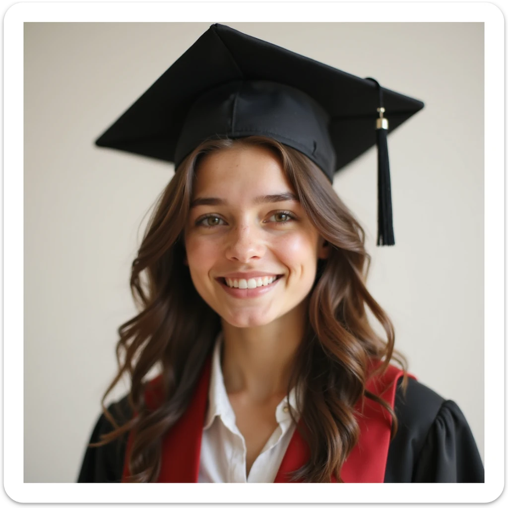 girl with long brown hair smiling wearing graduation hat and robe, semi-realistic style sticker