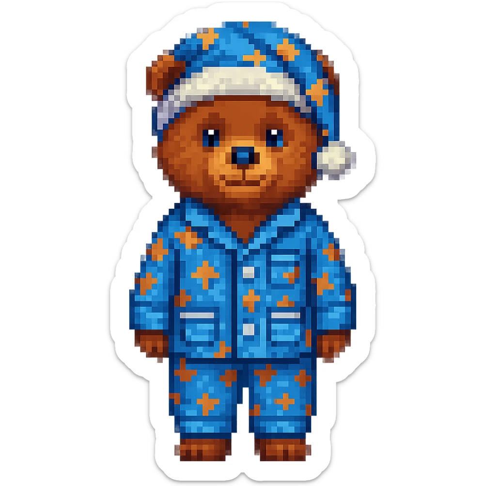 Add a nightcap to the bear in blue pajamas in pixel art style. The style should resemble pixel art with clear pixelated details and colors. sticker