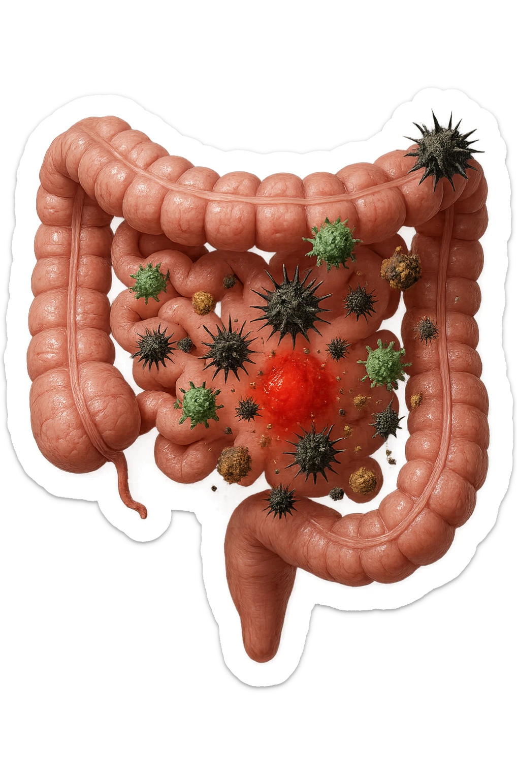 intestino anatomico realistico con red spot di infiammazione CON VARIE PARTICELLE TOSSICHE CHE CERCANO DI ATTACCARLO, IPERREALISTICO 4K sticker
