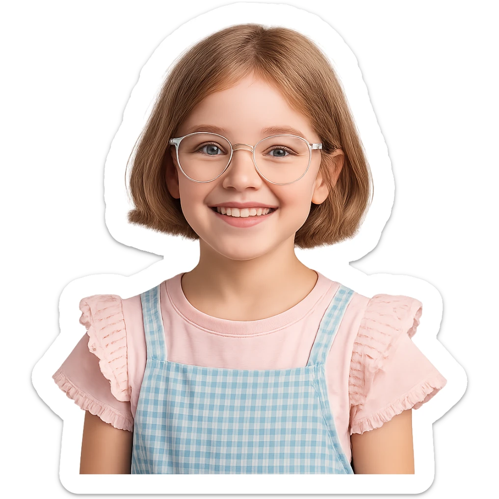 10 year old girl with clear glasses and short light brown hair, cute core style, smiling sticker