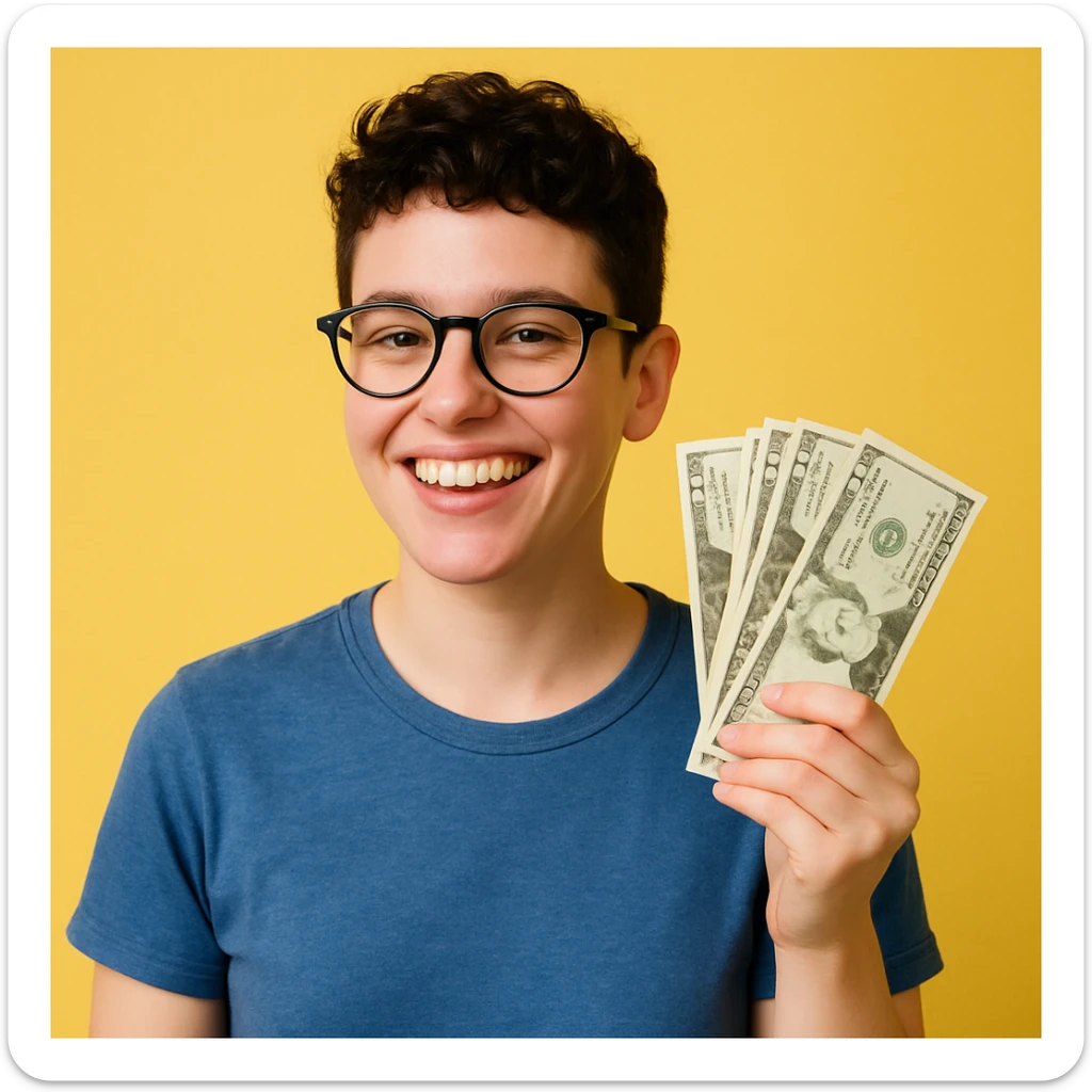 A smiling agender person with nerdy glasses, holding cash in one hand, androgynous look, casual style, happy vibe. sticker
