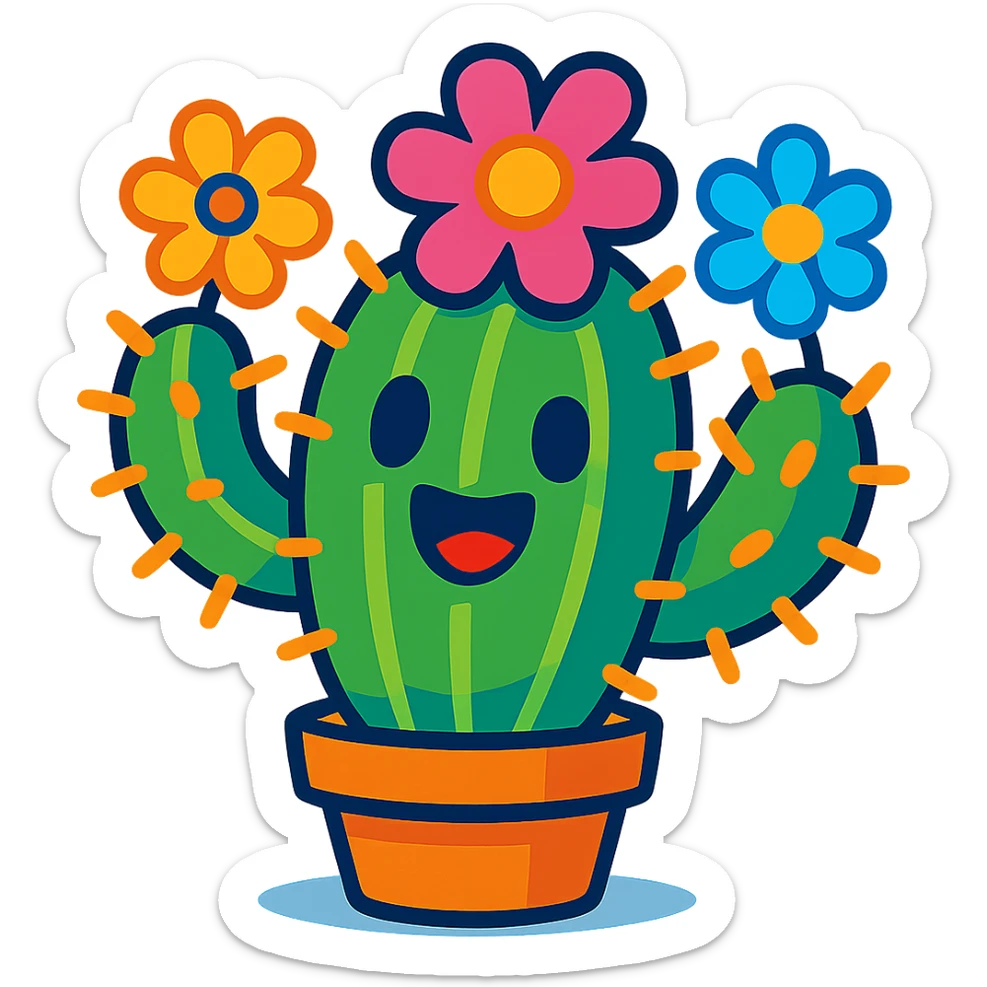 colorful cartoon cactus plant with spines, colorful flowers, happy expression sticker