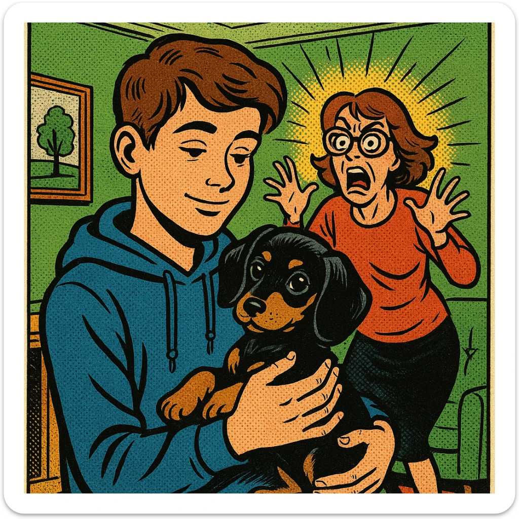 A modern day teenager with brown hair wearing a blue hoodie with a black and tan puppy dachshund in a green living room with a crazy mum with brown hair wearing big glasses in the background sticker