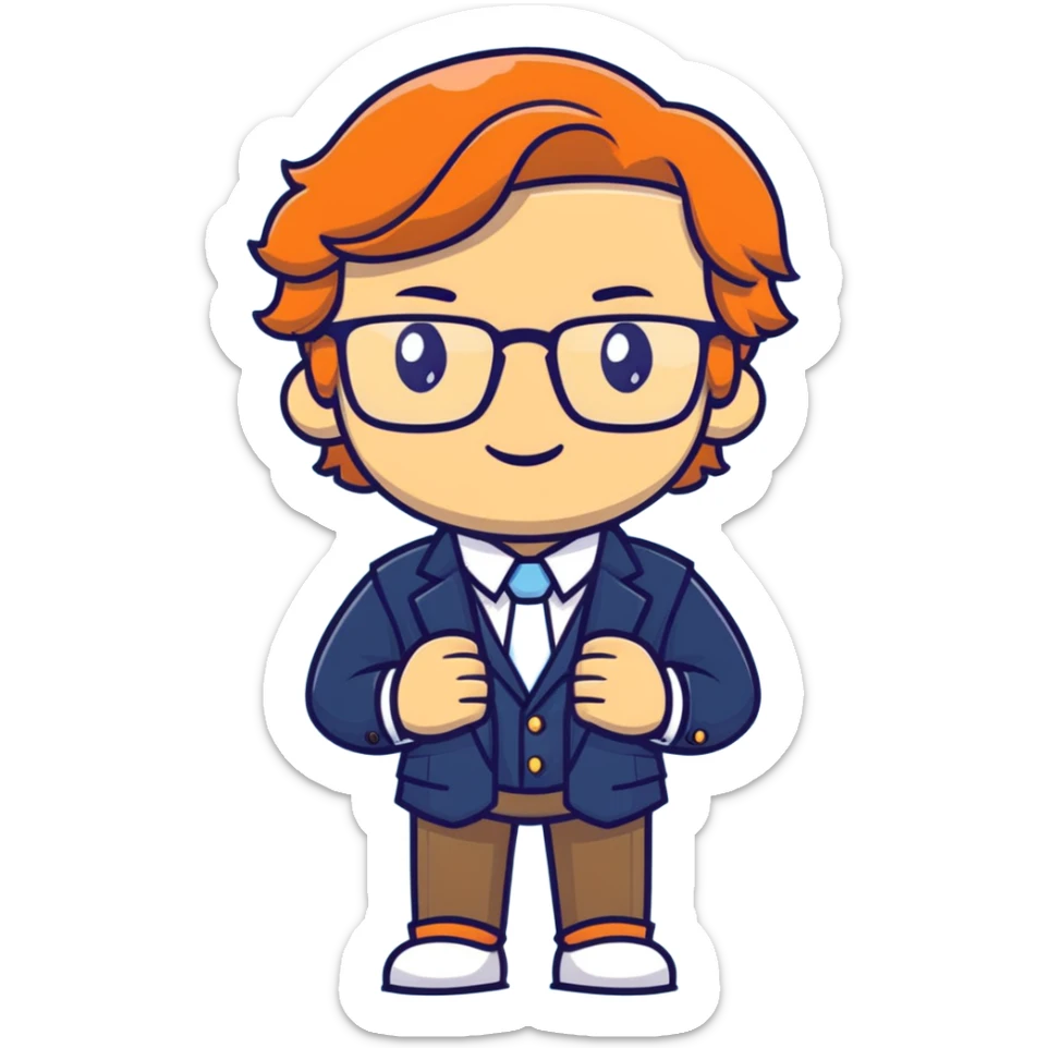 Professional economics channel mascot with shoulder-length wavy light brown hair, rectangular glasses, navy blazer, light blue shirt, empty hands, confident stance sticker