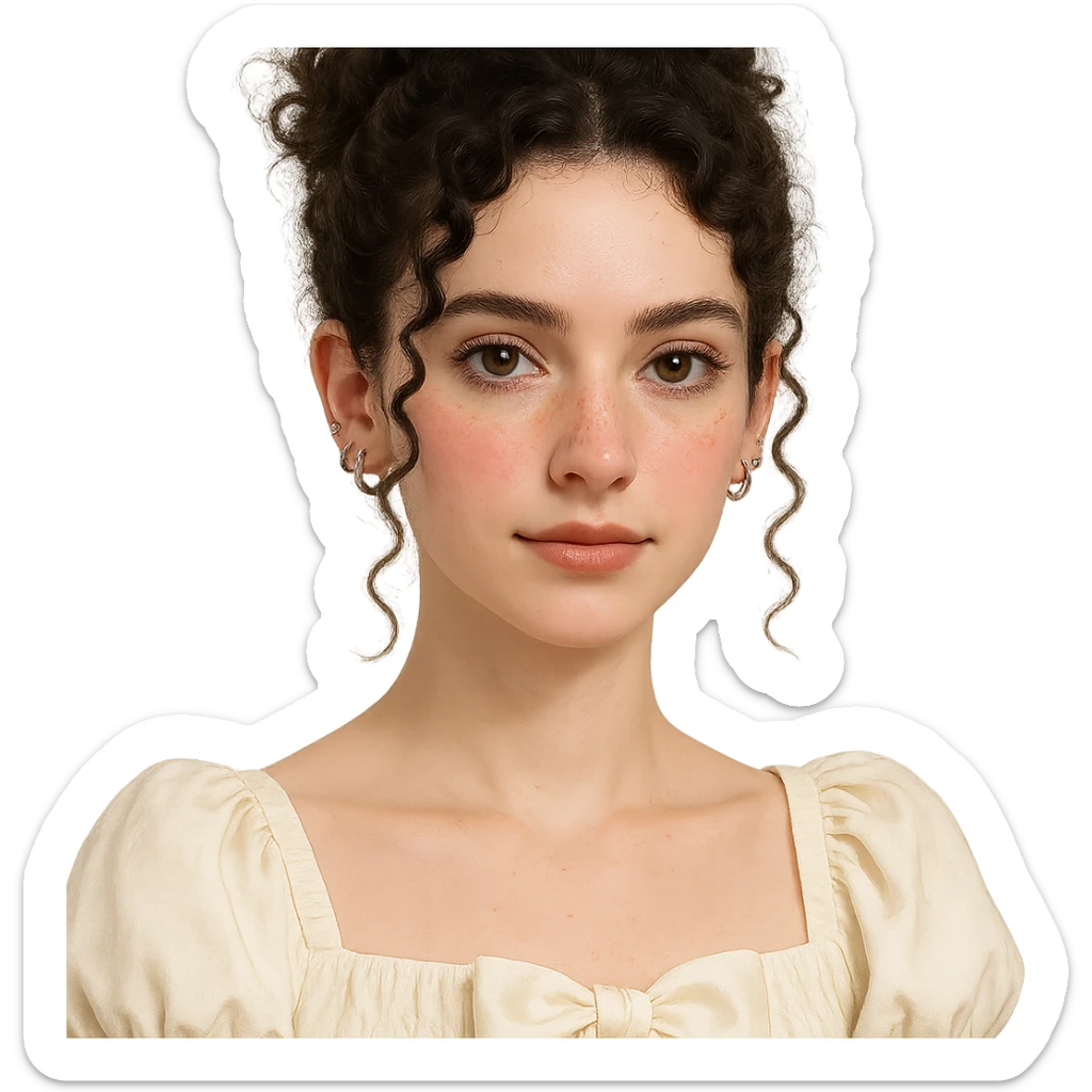 Portrait of a cute white-skinned girl with a V-shaped face and slim build, dark brown curly hair up to shoulder blades styled in a messy bun with two curly strands and a mini curl in front of each ear. Large almond-shaped brown eyes with a neutral to positive gaze, very long lashes, subtle straight brown eyeliner, brown waterline. Medium Greek nose, straight and slightly thick brown eyebrows, medium lips with light brown lipstick. Noticeable cute pink blush, few freckles on cheeks and nose, wearing coquette style clothing. Piercings: 1, 2, 3 lobes, helix and tragus on each ear. Neutral background. sticker