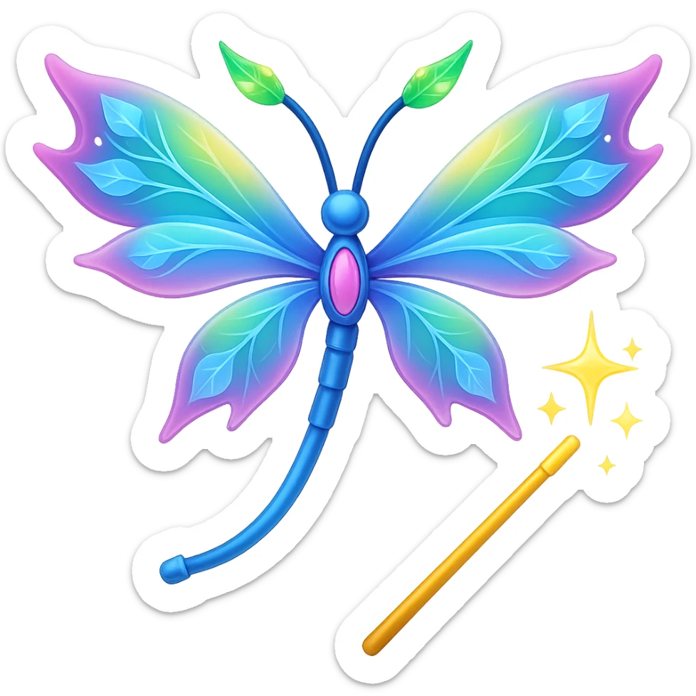 Add a magic wand to the neuron with colorful fairy wings in the style of apple emojis, keeping the apple emoji style exactly, no background. sticker