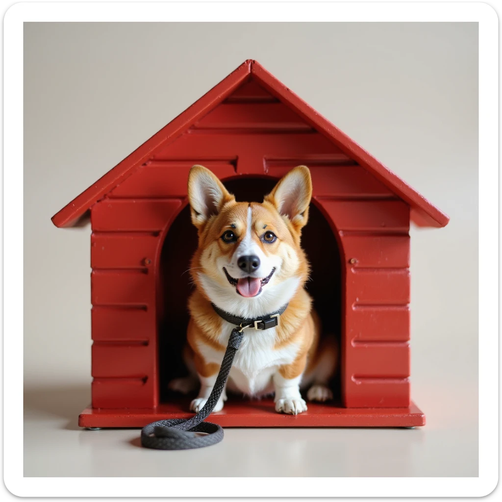 realistic red dog house with a Corgi dog inside, Corgi with a leash, photorealistic style sticker