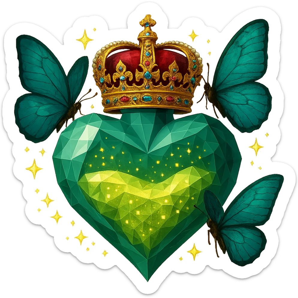 Change the crown on top of the diamond heart bottle to a more intricate, luxurious, and elegant royal crown with detailed decorations and gemstones. Keep the rest of the bottle the same: diamond heart shape, #c0ff53 glitter liquid inside, two butterflies, magical sparkling dust, and transparent background. Maintain the style and magical essence of the original image. sticker