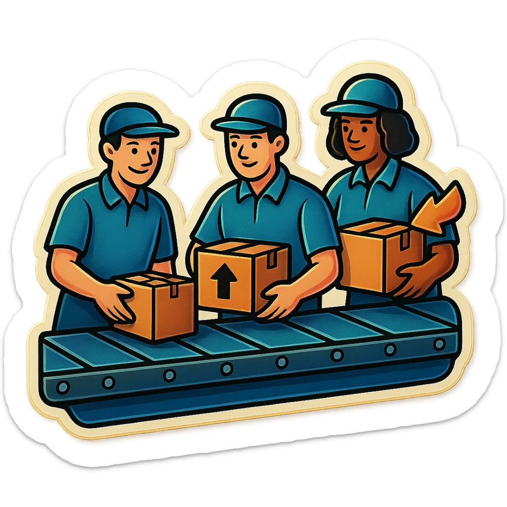 Картинка конвейерной ленты, по ней едут коробки, люди сортируют коробки в разные стороны, не обрезай края обводки sticker