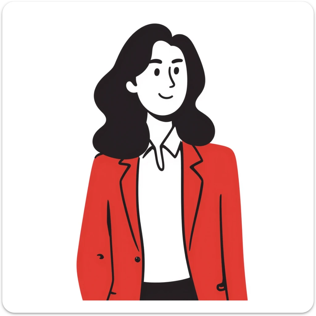 brunette woman with wavy hair, wearing a white dress shirt and red blazer sticker