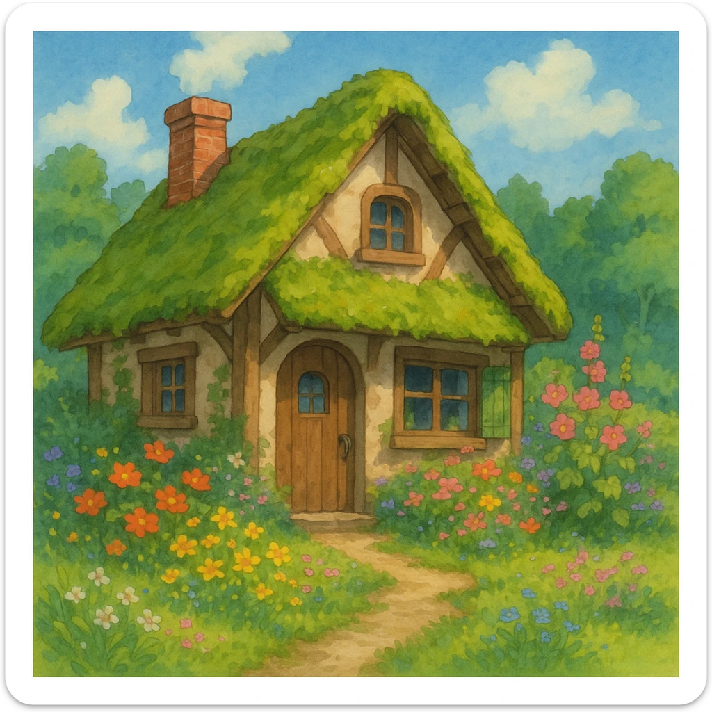 a small cottage with a mossy roof and flowers, ghibli style sticker