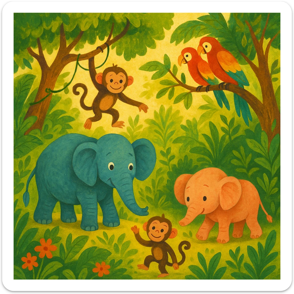 digital illustration of jungle safari in the style of children's story book sticker