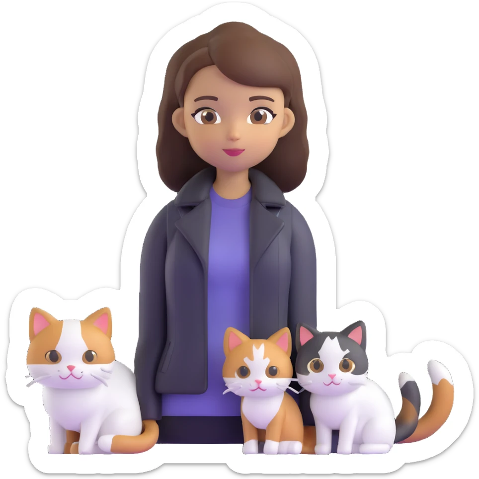 Light-skinned girl with brown straight hair wearing a black jacket, along with one pure white cat and one calico cat sticker