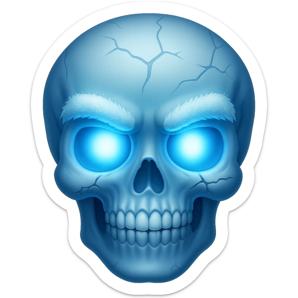 Add glowing eyes to the skull with frosty eyebrows and blue tint. The image should have no background. Keep the frosty eyebrows and blue tint style on the skull. sticker