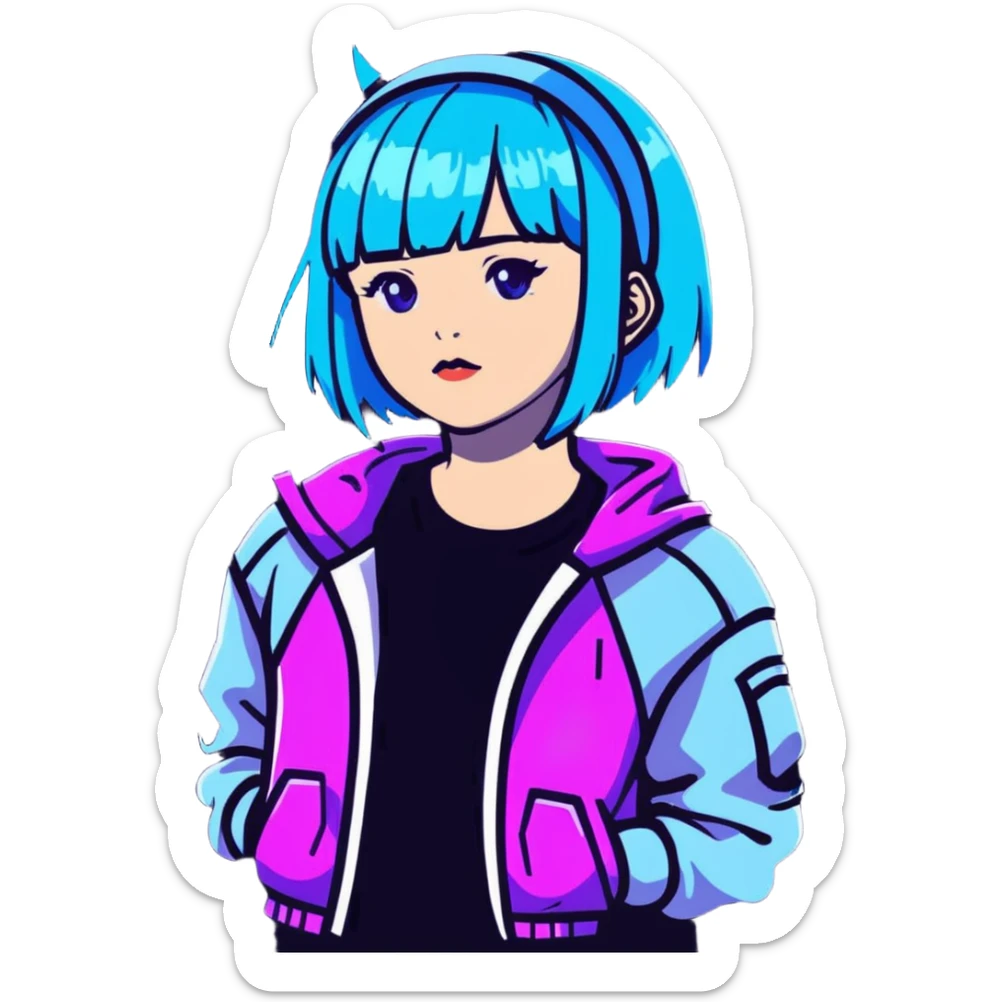 Cyberpunk Japanese girl with neon blue wig, futuristic holographic jacket, digital glitches effect, dark background with purple neon glow, iOS app icon style sticker