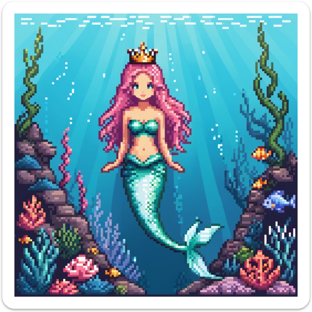 Dark brown skin mermaid princess with crown and shimmering tail in underwater kingdom sticker