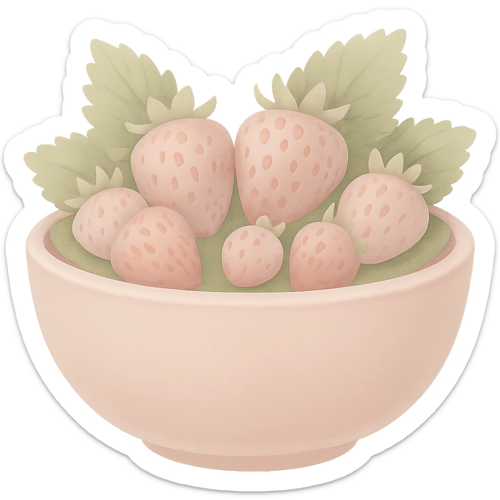 Make the colors of the big ornate pastel pink bowl with fresh strawberries softer and less saturated, avoid high contrast, keep the style as emoji, with no background. The style should resemble emoji style with soft pastel colors and no background. sticker