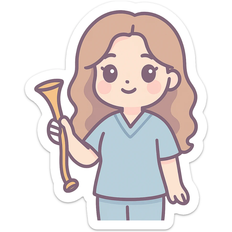 A kawaii style girl with appearance and clothing as in the reference, holding an obstetric stethoscope in one hand, the other hand down. Detailed shadows and highlights, thin clean contours, soft rounded shapes, pastel palette #98B5BC, #B5B3C1, #C9A3C9, #E4C0CA, #F7DCD1, #F7C0AA, soft lighting, transparent background, no decorative elements. sticker