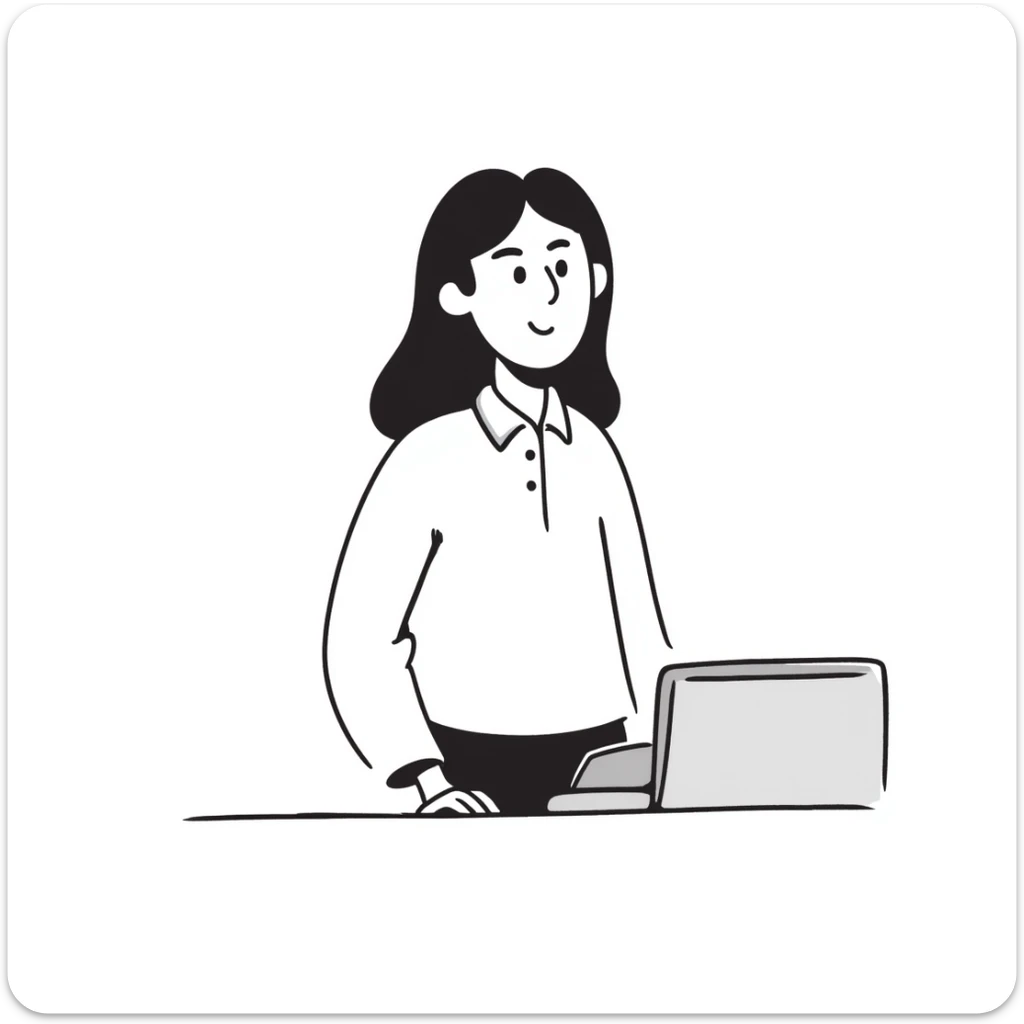 Gender-neutral cashier with shoulder-length hair, standing behind a cashier desk, smiling, wearing a neutral-colored uniform sticker