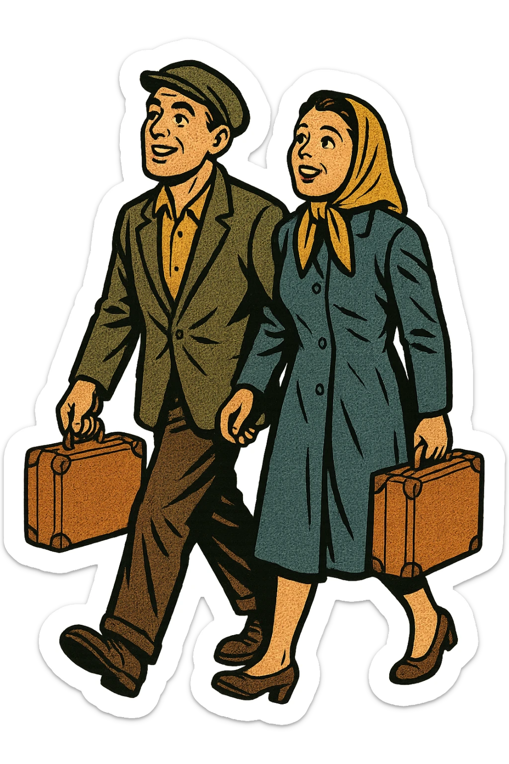 A refugee husband and wife from Eastern Europe in the 1950s both carrying a small old brown suitcase and looking hopeful. They are both walking sticker