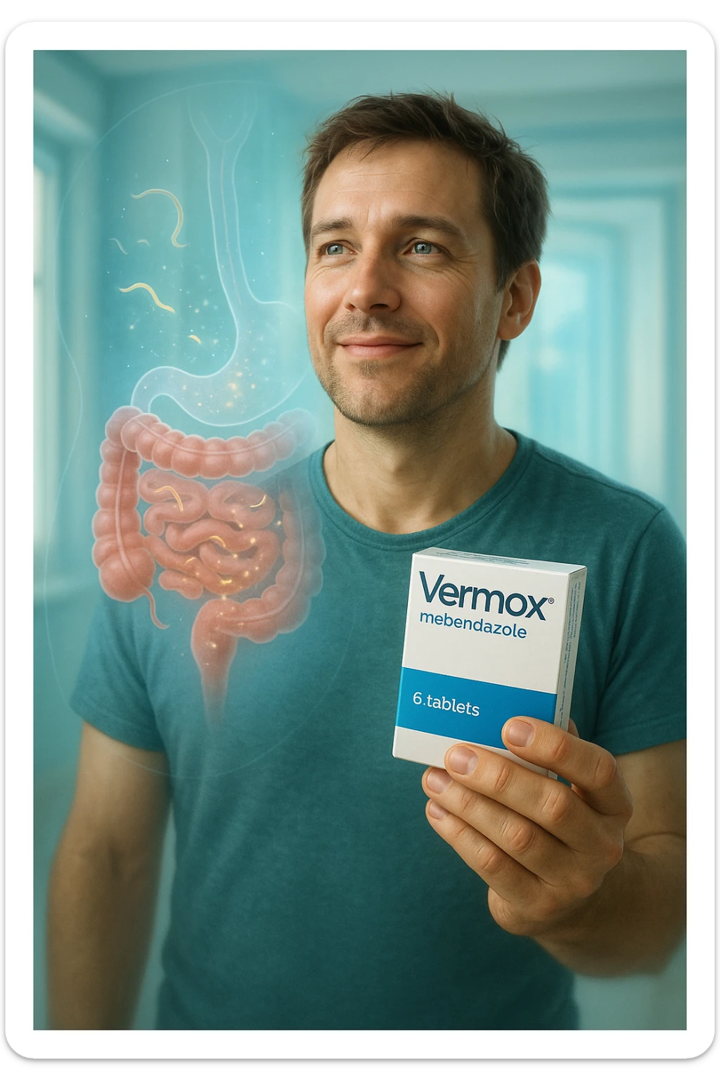 A realistic, cinematic illustration of a man in his late 30s holding a small white box of ‘Vermox’ (mebendazole) in one hand, with a relieved and hopeful expression on his face. Behind him, a semi-transparent overlay shows his digestive tract where small, symbolic worm-like parasites are dissolving and disappearing, indicating the medication’s effect. The environment is clean and bright, with a medical yet hopeful tone, conveying the concept of effective parasite removal. Subtle blue and green tones symbolize cleansing and health restoration, while the man appears energized and ready to reclaim his well-being sticker