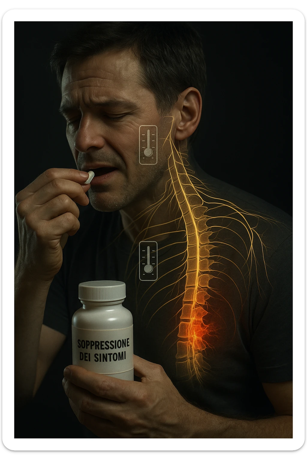 Realistica cinematic Man taking pain medication for chronic back pain, pills shown as dimmer switches turning down pain signals in transparent nervous system overlay, underlying spinal damage remaining completely untreated and worsening, expression of temporary relief masking progressive deterioration, medication bottle labeled 'symptom suppression' not 'cure', root cause inflammation continuing to spread in italiano sticker