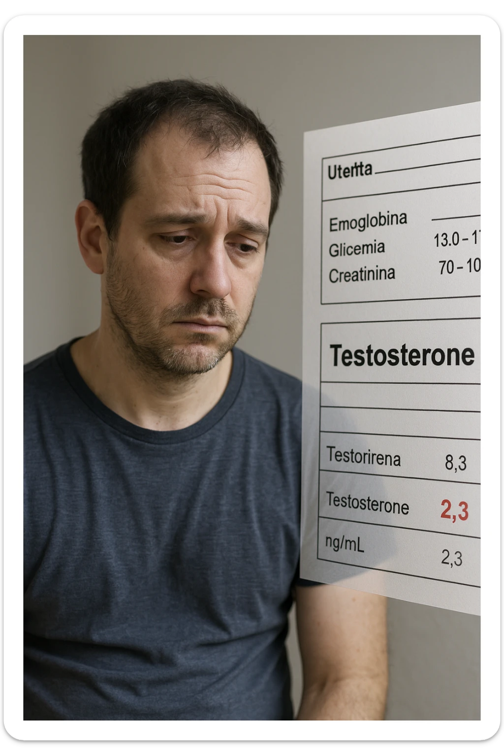Un uomo caucasico di 35-45 anni, in CGI fotorealistico, che mostra i segni fisici ed emotivi di un basso livello di testosterone. aggiungere un referto medico semi-trasparente fluttuante accanto a lui, con valori di testosterone evidenziati in rosso. in italiano sticker