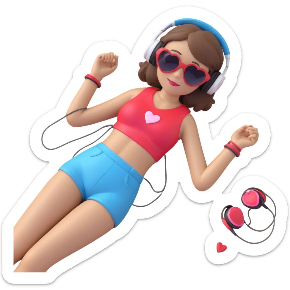 emoji of a girl with brown hair, heart sunglasses, headphones, lying on a beach sticker